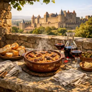 Earthenware cassoulet on a stone table with bread and wine on a sunny terrace, Carcassonne ramparts in the background