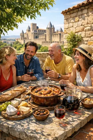 Group of people enjoying a sunny lunch with cassoulet and wine on a stone terrace facing Carcassonne's medieval ramparts.