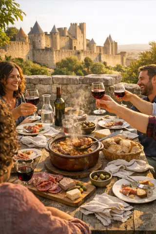 Group of friends enjoying cassoulet and wine at a sunny stone terrace with Carcassonne’s medieval walls in the background