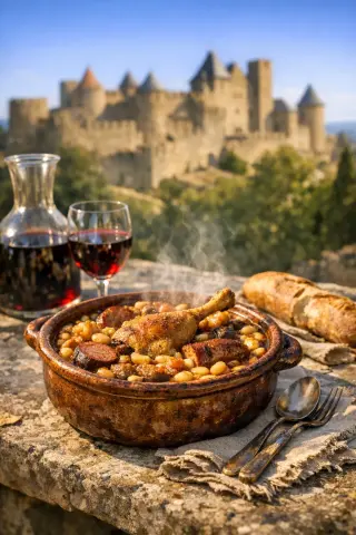 Hearty cassoulet in a rustic dish on a stone table outdoors, with Carcassonne's ramparts in the background and warm southern sunlight.