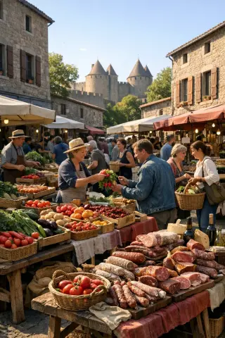 Local open-air market in Carcassonne with fresh vegetables, charcuteries, and producers interacting under the bright southern sun, stone architecture and the Cité's towers in the background.