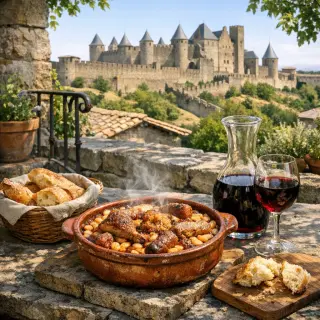 steaming cassoulet in a clay dish on a stone table with bread and red wine, terrace view of Carcassonne ramparts in warm midday sun
