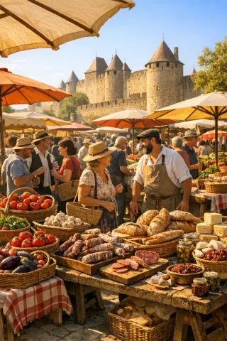 Bustling outdoor market in Carcassonne with stalls of bright vegetables, homemade breads, and cured meats, people mingling under sunlight, historic stone walls in background.
