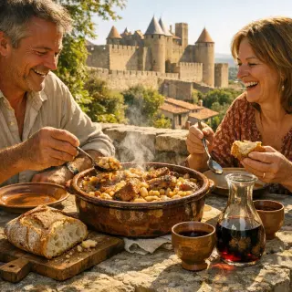 Steaming cassoulet in an earthenware dish on a sunlit stone terrace, with bread and wine, two people enjoying the meal against Carcassonne ramparts.