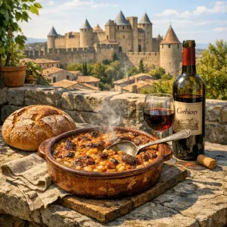 Steaming cassoulet and red wine on a rustic stone table on a sunlit terrace with Carcassonne’s ramparts in the background