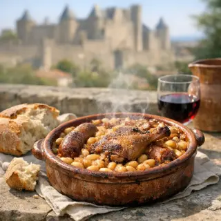 Steaming cassoulet in an earthenware dish on a stone table, sunlit terrace with Carcassonne ramparts in the background