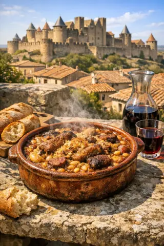 Traditional cassoulet in a rustic clay dish on a stone terrace table, with Carcassonne ramparts in the sunlit background and bread and a red wine carafe nearby.