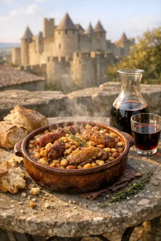 Steaming cassoulet in earthenware dish with bread and wine on a stone table, medieval city walls in sunlit background