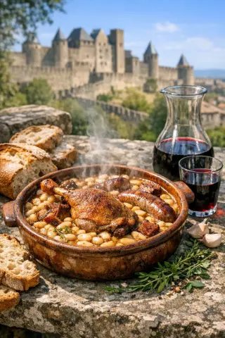 Steaming cassoulet in an earthenware dish on a sunlit stone table with bread, wine, and Carcassonne ramparts in the background