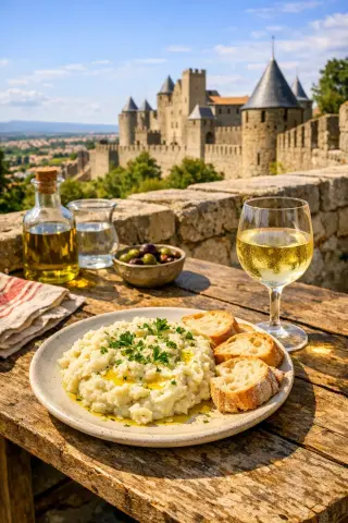 Rustic plate of brandade de Nîmes with baguette and white wine on a stone terrace, Carcassonne's ramparts in the background under bright midday sun.