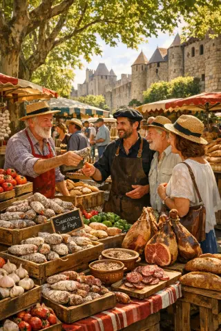 Languedoc market scene with charcuterie stalls, fresh produce, and sunlit stone buildings near Carcassonne