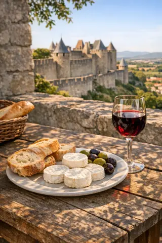 Pélardon cheese with baguette, olives, and red wine on a sunlit terrace overlooking Carcassonne walls