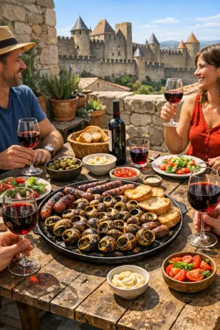Friends enjoying grilled escargots and wine on a sunlit terrace with Carcassonne's ramparts in the background