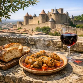 Sunlit stone table with a plate of tripou, country bread, and a glass of Corbières wine, terrace view toward Carcassonne's medieval ramparts.
