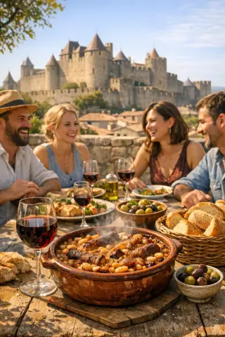 Cassoulet served on a rustic terrace table with wine, overlooking Carcassonne's ramparts, surrounded by friends enjoying a sunny lunch