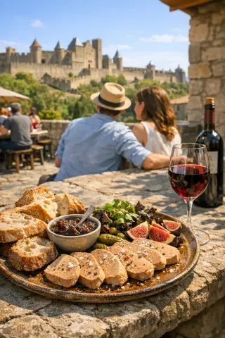 Foie gras platter with bread and wine on a sunlit terrace overlooking Carcassonne’s medieval ramparts, with a couple preparing to dine.