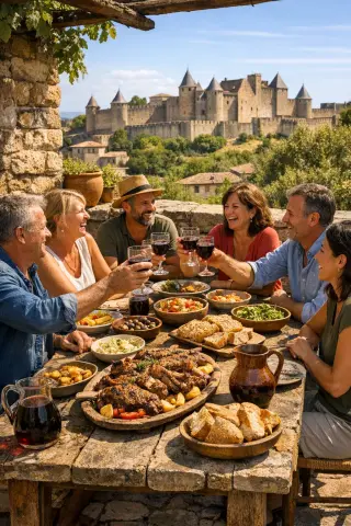 Group of friends enjoying Mediterranean lamb on a sunny stone terrace with Carcassonne's ramparts in the background, rustic table and wine enhancing a warm southern French ambiance.