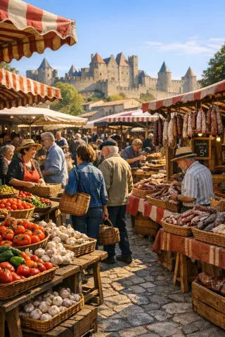 Colorful outdoor food market with fresh vegetables and cured meats, shoppers mingling, and Carcassonne’s medieval walls in the background