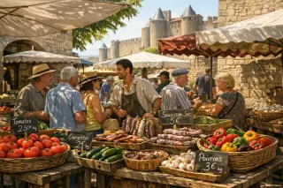 Bustling southern French market with colorful produce and charcuterie on rustic tables, lively interactions, warm sunlight, and historic stonework in the background.