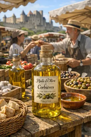 Provençal market scene with local olive oil bottles, fresh vegetables, and Carcassonne ramparts in the background under warm sunlight.