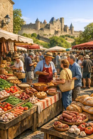 bustling Provençal-Languedocien market with vegetables, stone walls, and Carcassonne ramparts in the background under bright sunlight