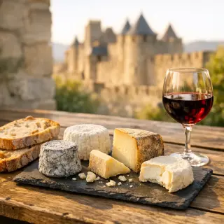 Assortment of traditional Languedoc sheep's milk cheeses on a rustic table with bread and red wine, terrace view toward Carcassonne ramparts in warm Mediterranean light