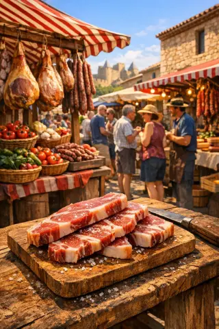 Market stall in the sun with hanging mountain hams, colorful produce, and people chatting in a lively village square near Carcassonne.