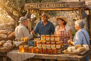 Local market in the south of France with a honey stand, rustic jars of Corbières honey, stone walls, morning sunlight, and friendly vendors.