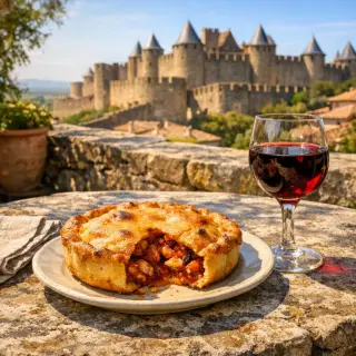 Tielle sétoise on a rustic stone table, with a glass of wine and Carcassonne’s ramparts in the sunny background