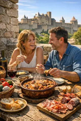 couple enjoying cassoulet and wine on a rustic stone terrace with Carcassonne ramparts in the background, sunlit and inviting