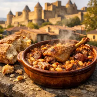 Steaming cassoulet in a rustic bowl on a stone table, Carcassonne’s medieval walls softly blurred in the background under warm sunlight.