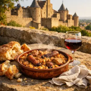 Steaming cassoulet in a rustic terracotta dish on a sunlit stone table, with bread and a glass of red wine, Carcassonne ramparts visible in the background