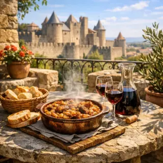 Terrace with stone table overlooking Carcassonne ramparts, rustic cassoulet, bread, and carafe of red wine under warm, natural sunlight.