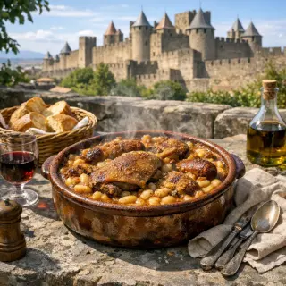 Rustic cassoulet in earthenware on a stone table, terrace with Carcassonne ramparts in background in warm natural light