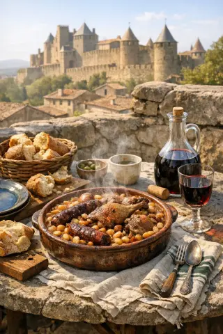steaming cassoulet on a rustic stone table with bread and wine, Carcassonne ramparts in background under sunny sky